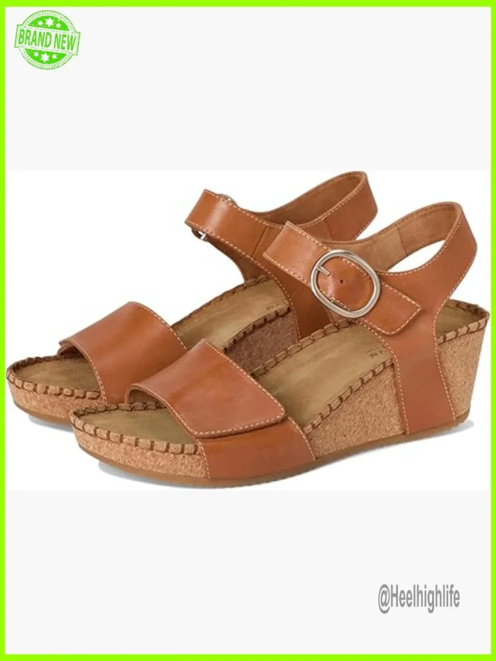 Leather Wedge Sandals with Cork Footbed, Adjustable Hook & Loop Strap